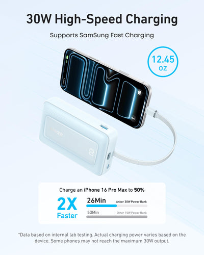 Anker Zolo Power Bank (10K, 30W, Built-In USB-C Cable)